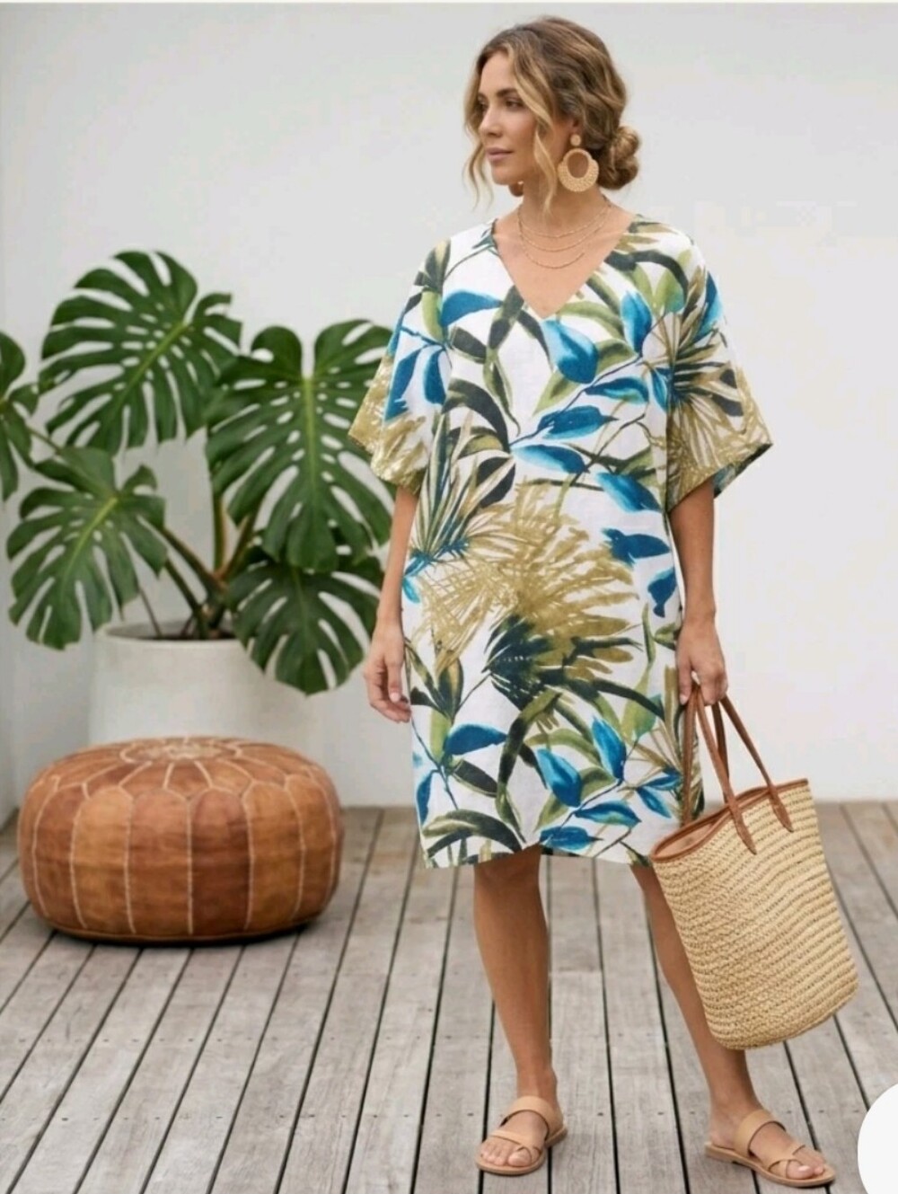 Chico's Linen Palm-Print Tunic Wedge Dress 2 12/14